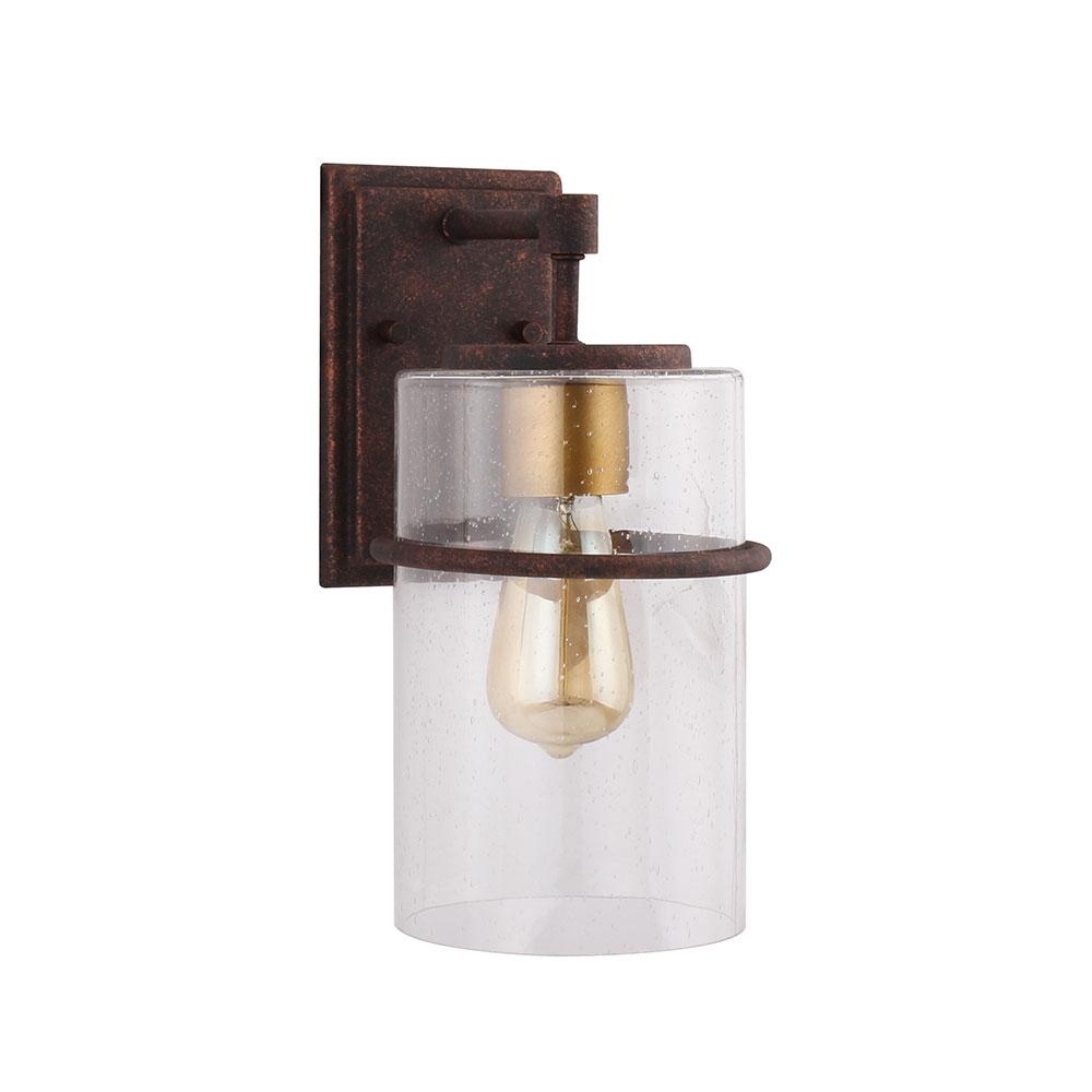 1 LT Outdoor Wall Light w/ Rust Color Finish w/ Gold accent & Clear Seeded Glass