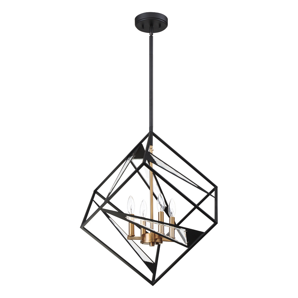 4 LT Geometric Open Frame Pendant w/ Black Finish w/ Gold & Clear Glass Accents