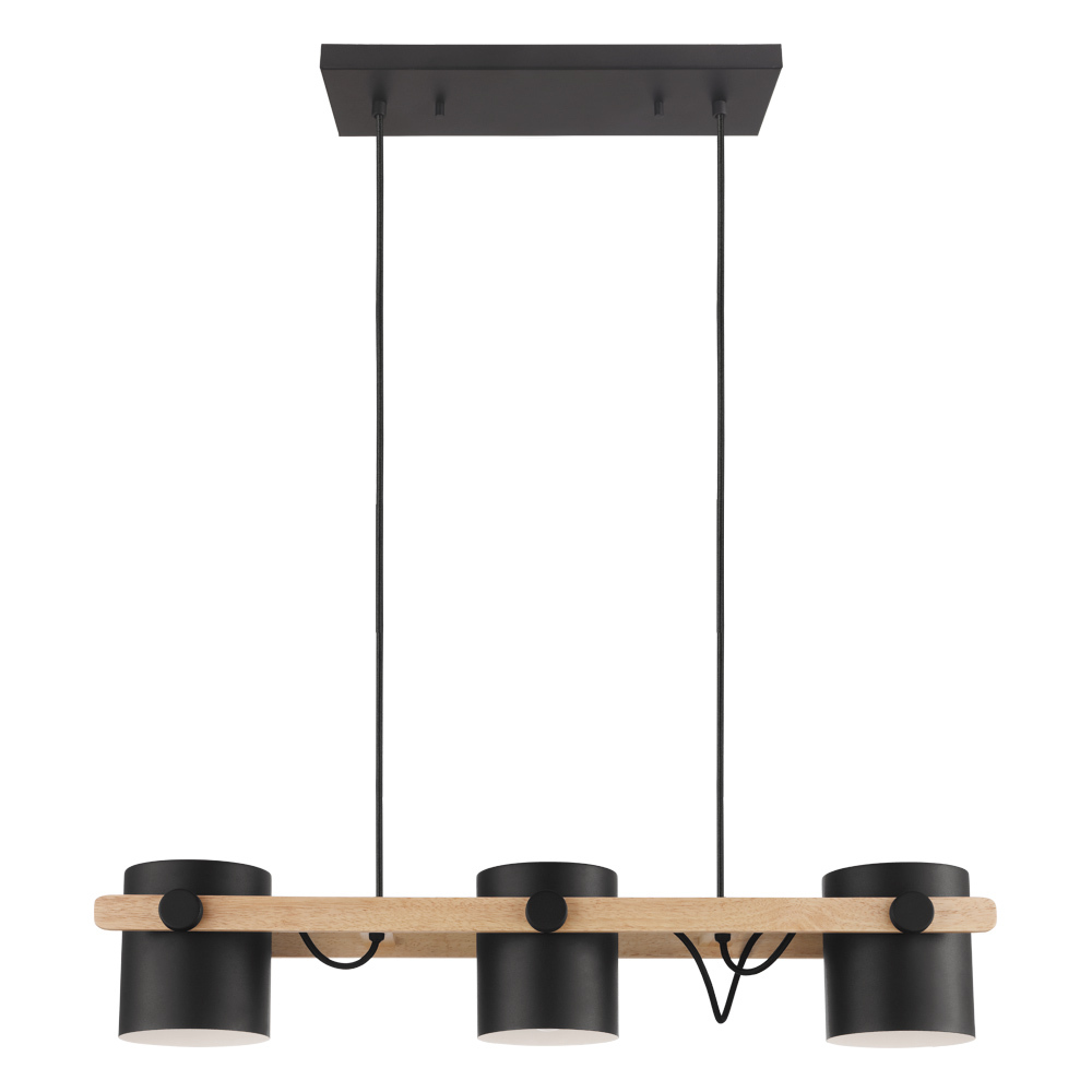 Three Light Linear Pendant Black and Wood Finish Metal Black Shades 3-40W E26 Bulbs