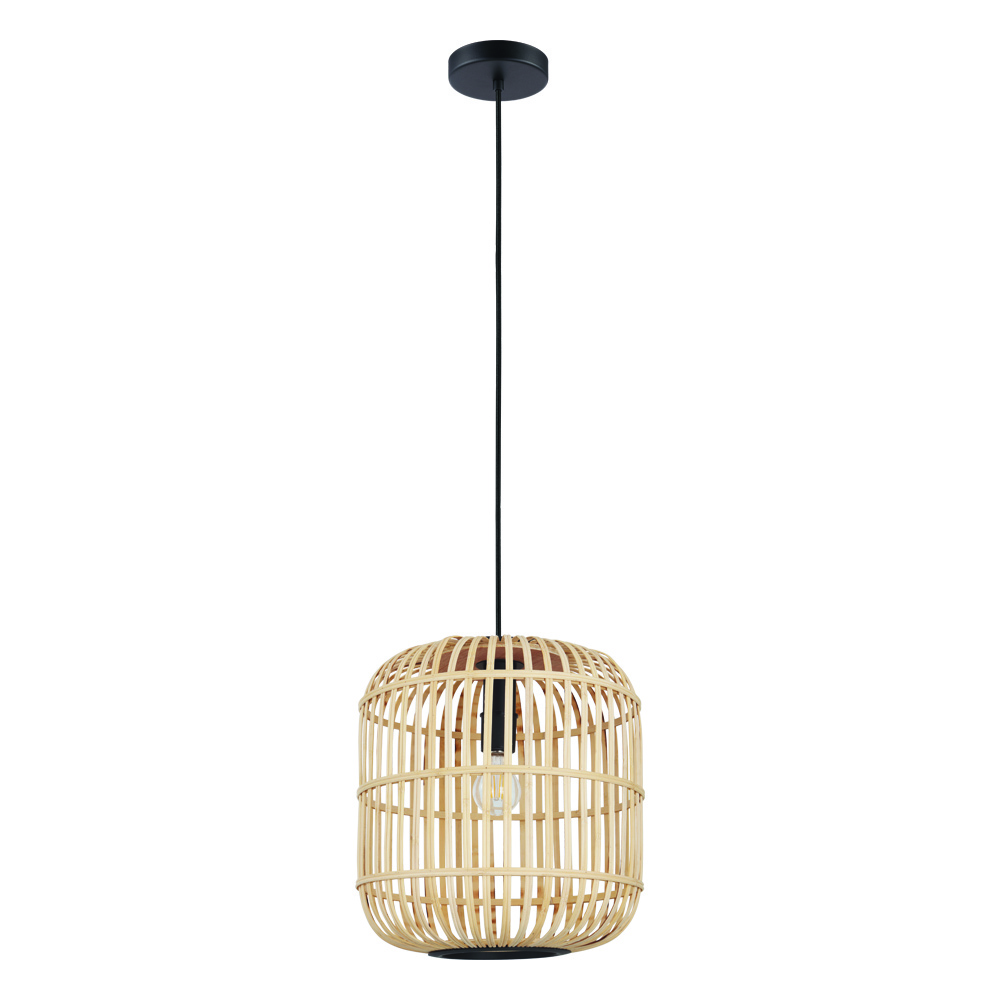 1 LT Pendant w/ Black Finish & Open Frame Natural Wood Shade