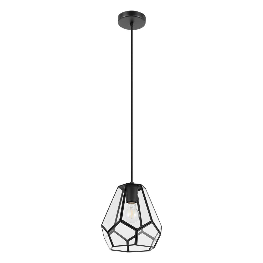 1 LT Pendant w/ Black Finish & Clear Geometric Glass Shade w/ Black Accents
