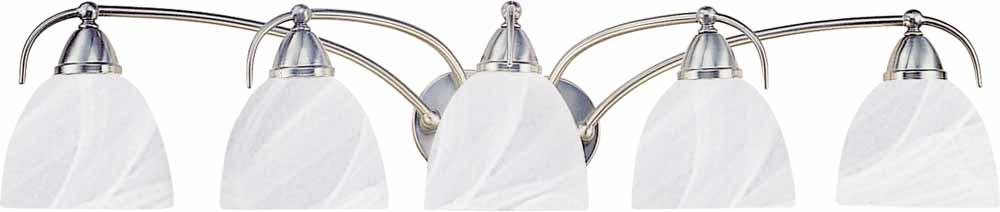 Five light vanity fixture in brushed nickel finish with soft white glass. lighting depot