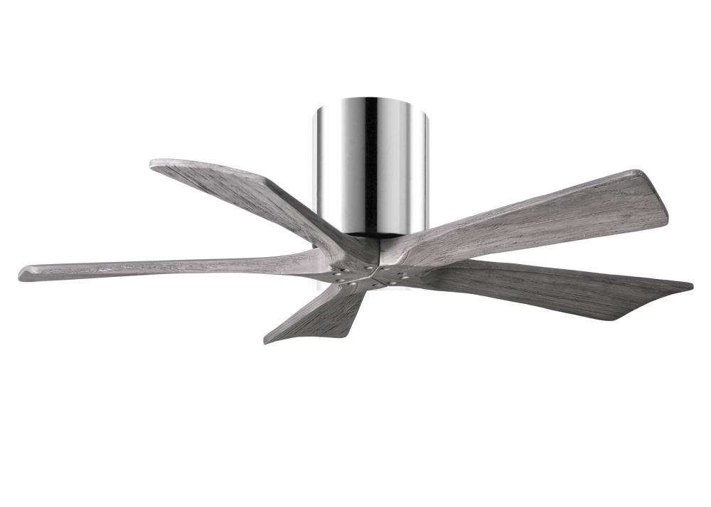 Irene-5H five-blade flush mount paddle fan in Polished Chrome finish with 42” solid barn wood to