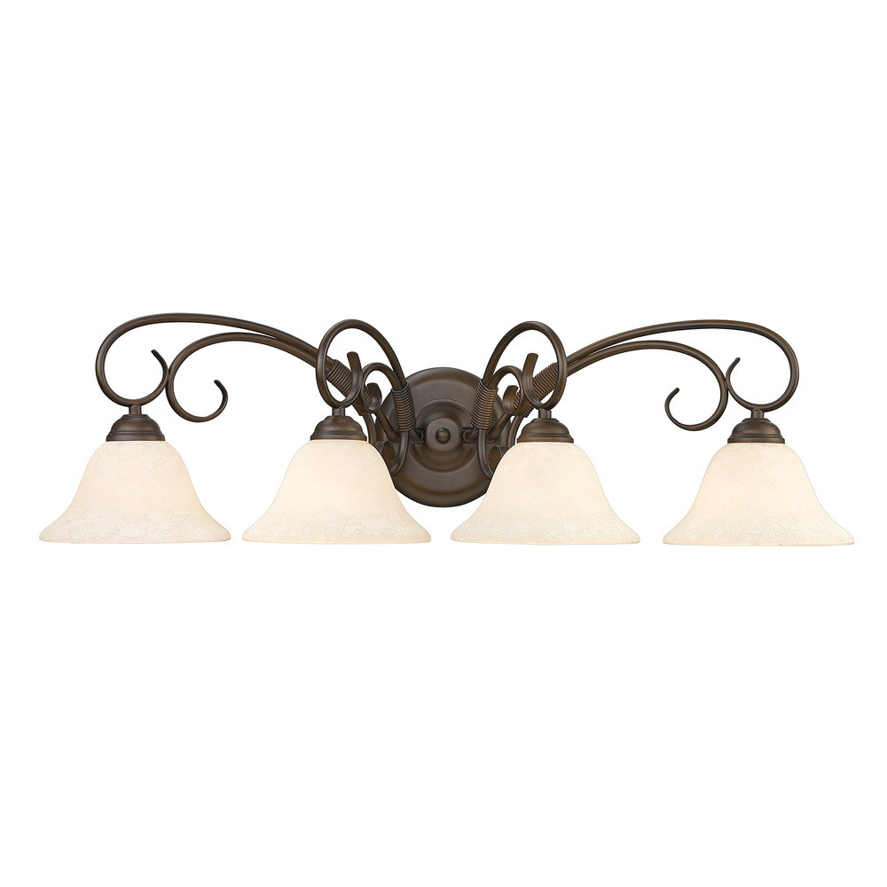 Homestead 4 Light Bath Vanity in Rubbed Bronze with Tea Stone Glass
